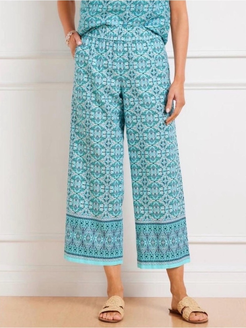 Teal Patterned Wide Leg Pants